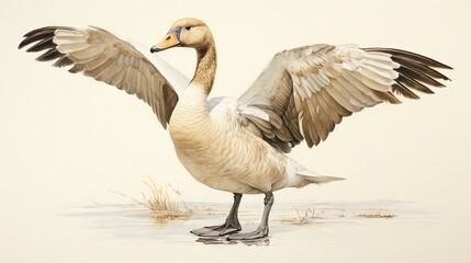  a white goose with its wings spread out standing in a field.  generative ai