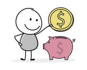 Money saving concept. Funny stickman with piggy bank. Vector