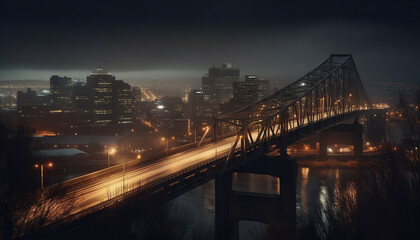Fototapeta na wymiar Illuminated city skyline reflects on dark water at dusk generated by AI