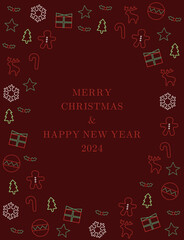 Red and green Christmas and new year greeting card with Christmas outline pattern in red background. Vertical round.