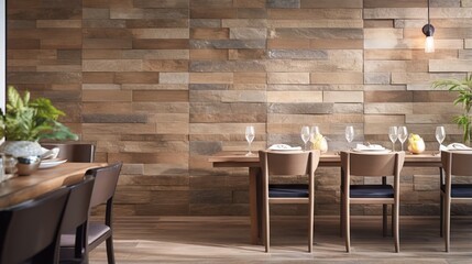  a dining room with a wall made of wood and chairs.  generative ai