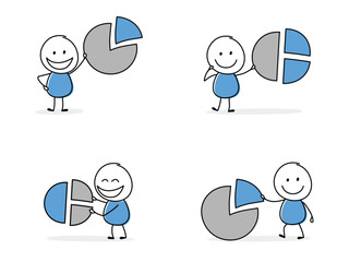 Collection of a funny stickman holding chart pie icon. Hand drawn design for a business presentation. Vector illustration
