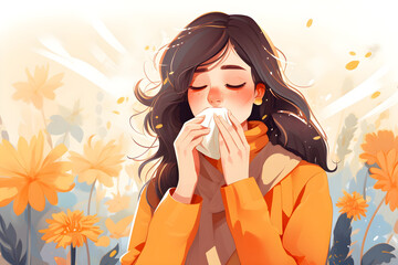 Young woman sneezing using tissue. Pollen allergy, runny nose during Spring - obrazy, fototapety, plakaty
