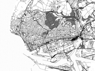 Greyscale vector city map of  Le Havre in France with with water, fields and parks, and roads on a white background.