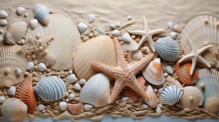 Fototapeta na wymiar a painting of shells and starfish on a beach towel. generative ai