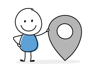 Hand drawn map pin symbol. Funny concept with a stickman holding icon. Cartoon style design. Vector illustration