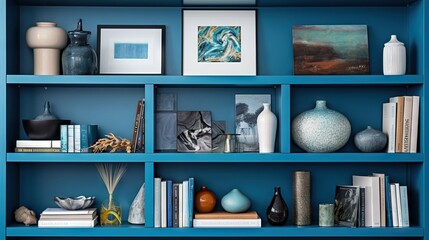 a blue book shelf with pictures and vases on it.  generative ai