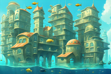 There are many strange-looking buildings in a sunny underwater city, and fish and people live together.
Generative AI