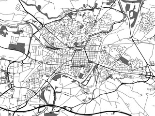 Greyscale vector city map of  Carcassonne in France with with water, fields and parks, and roads on a white background.