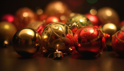 Golden sphere illuminates winter celebration with ornate Christmas decor generated by AI