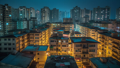 Fototapeta premium Glowing city skyline illuminates the night, a modern metropolis generated by AI