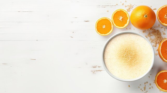  a bowl of oranges next to a cup of milk.  generative ai