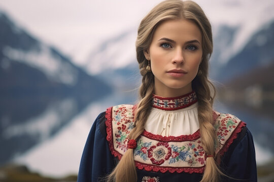 Portrait of a beautiful woman wearing a traditional Norwegian bunad costume