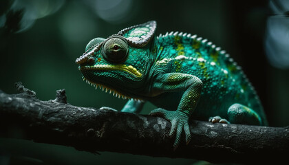 Fototapeta premium Veiled chameleon perching on green leaf outdoors generated by AI