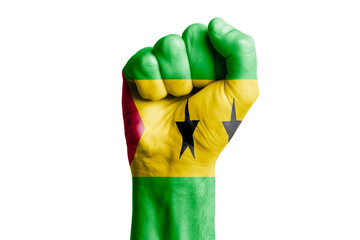 Man hand fist of Sao Tome and Principe flag painted. Close-up.