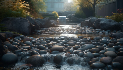 Smooth stones and flowing water create tranquility generated by AI