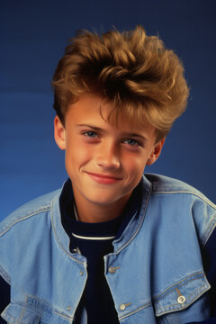 Portrait picture of a young american school boy in a style of a yearbook from 80s or 90s