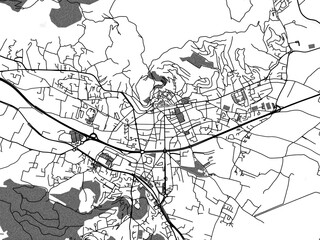 Greyscale vector city map of  Hyeres in France with with water, fields and parks, and roads on a white background.
