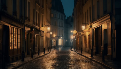 Old town narrow streets illuminated by lanterns at twilight generated by AI