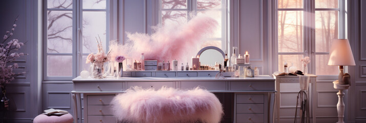 A Glamorous dressing room for a fashionista with a vanity table, glass window, feminine and luxurious space, Designer Delights