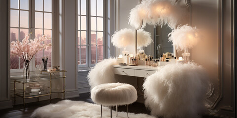 A Glamorous dressing room for a fashionista with a vanity table, glass window, feminine and luxurious space, Designer Delights