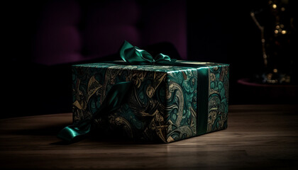 Fototapeta premium Luxury gift box decoration on dark wood table background generated by AI