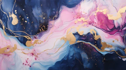 Rolgordijnen floral liquid marble painting background print navy blue and blush pink with gold glitter splatter texture © Aura