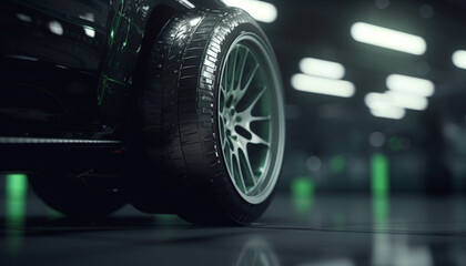 Shiny alloy wheel reflects modern sports car speed and performance generated by AI - obrazy, fototapety, plakaty