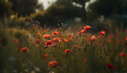 Vibrant wildflowers bloom in tranquil meadow at dawn sunrise generated by AI