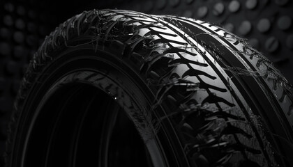 Shiny alloy wheel on wet road provides winter traction device generated by AI