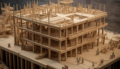 Modern construction site, high angle view, timber frame, metal equipment generated by AI