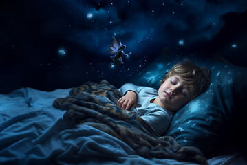 Cute boy sleeping and dreaming, little fairy flying above. Generative Ai  - obrazy, fototapety, plakaty