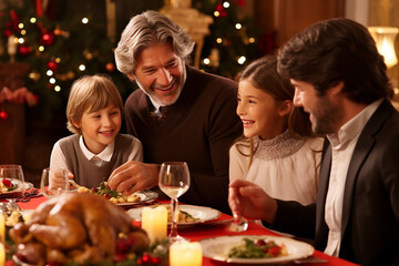 Happy, smiling family having a Christmas dinner. Generative Ai