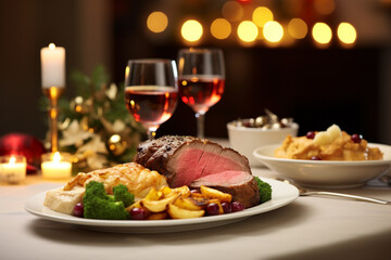 Elegant Christmas dinner table with delicious food. Generative Ai