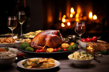 Elegant Christmas dinner table with delicious food. Generative Ai