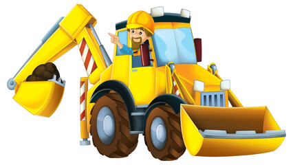 Obraz na płótnie Canvas cartoon scene with worker in excavator driver operator isolated illustration for children