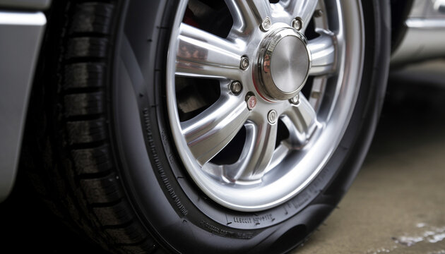 Shiny alloy wheel on sports car, brake disc reflects metallic silver generated by AI