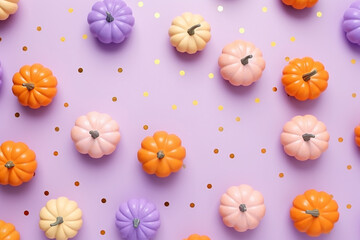 small pastel color pumpkins pattern with paper confetti on a pastel background, flat lay