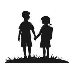 A girl and a boy are holding hands. Silhouette with children in nature. Used for print, web design, stickers, banners, posters. Holidays, events, stories. World Children's Day.