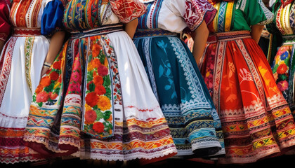 Vibrant costumes adorn dancers in traditional parade generated by AI