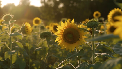 Sunflower meadow, rural beauty in nature, organic growth, vibrant blossom generated by AI