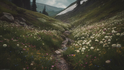 Tranquil meadow, wildflowers bloom, mountain peak kissed by sunlight generated by AI