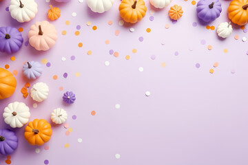 Fototapeta na wymiar small pastel color pumpkins pattern with paper confetti on a pastel background, flat lay