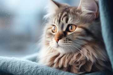 Photography of cat sits on the windowsill wrapped in a blanket and looks out the window 