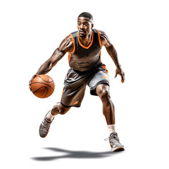 Basketball player with ball isolated on white background. Generated AI image illustration. Sports concept