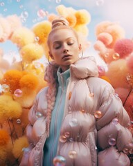 Fototapeta premium A burst of vibrant balloons in the midst of a chilly autumn day, as a woman in a puffy jacket dances with an explosion of color surrounding her, embracing the whimsical beauty of the outdoors