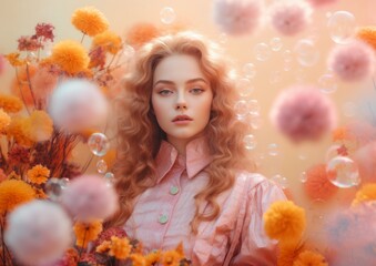 A vibrant burst of pink and floral, this girl in a puffy winter jacket is surrounded by a colorful explosion of balloons and bubbles, creating a whimsical portrait of a woman and the changing seasons