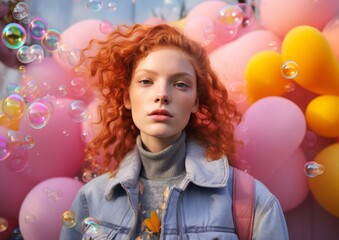 Obraz na płótnie Canvas A fiery-haired young girl stands adorned in vibrant clothing, her hands filled with a whimsical bunch of colorful balloons, symbolizing the untamed joy and free-spiritedness that radiates from within