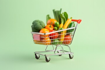 Shopping cart full of food on pastel background. Grocery and food store concept.