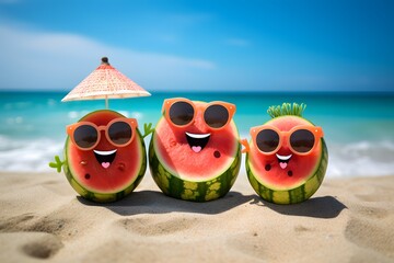 Funny watermelon in stylish sunglasses on the sand. Tropical summer vacation concept.